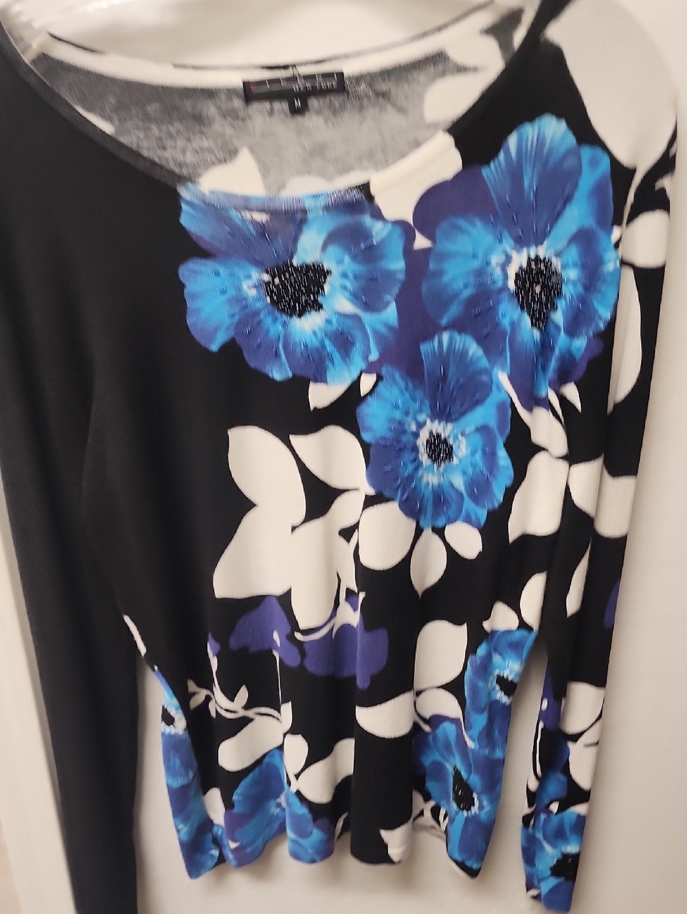 Pierri New York Black Floral Top with Bright Blue Flowers